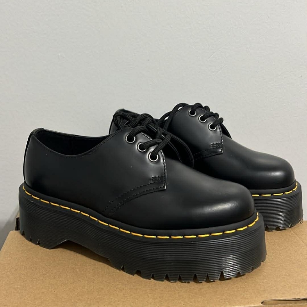 Dr. Martens Black Platform Shoes with Yellow Stitching